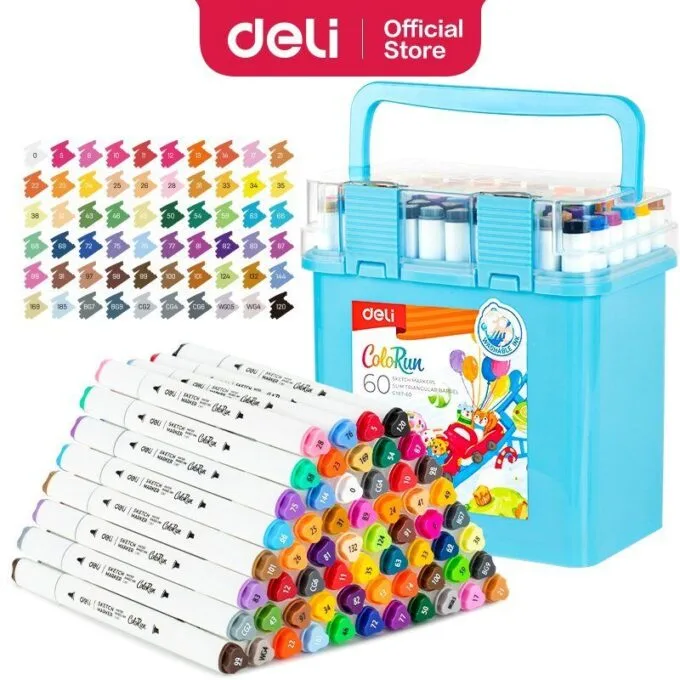 DELI WATER BASED TWIN SKETCH MARKERS 60 COLOURS BOX SET — image 1
