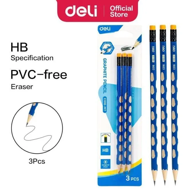 DELI GRAPHITE PENCIL HEXAGONAL BARREL HB W/ERASER BLISTER OF 3PCS — image 1