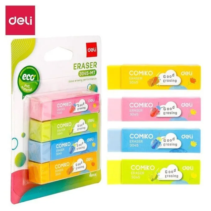DELI ERASER DUST FREE 4 COLOURS 60X15X15MM 4PCS BLISTER — image 1