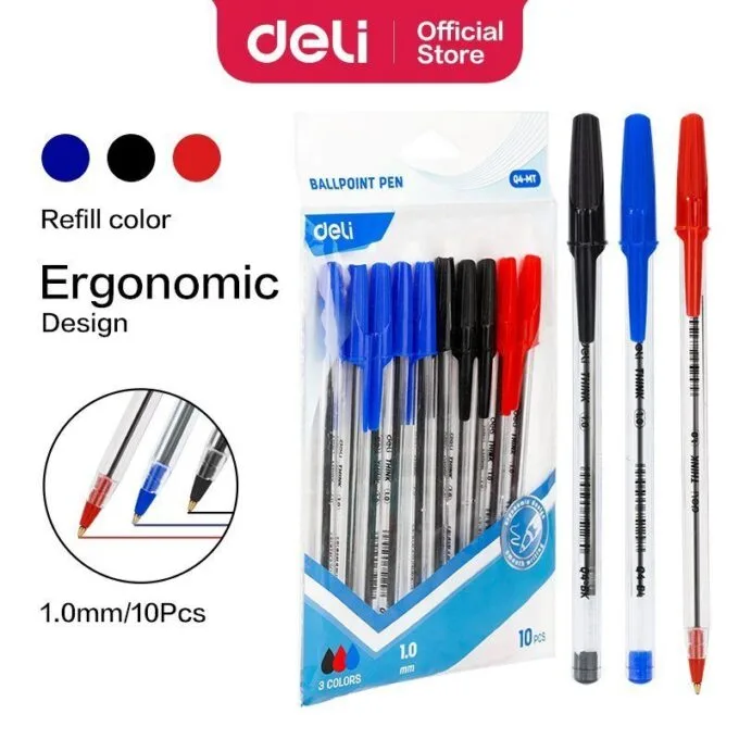 DELI BALL POINT PEN 1.0MM 10 PCS 3 COLOURS BLISTER (5 BLUE,3 BLACK,2 RED) — image 1