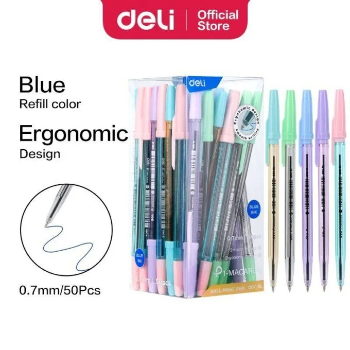 DELI BALL POINT PASTEL PEN 0.7MM BLUE 50 PCS ASSORTED — image 1
