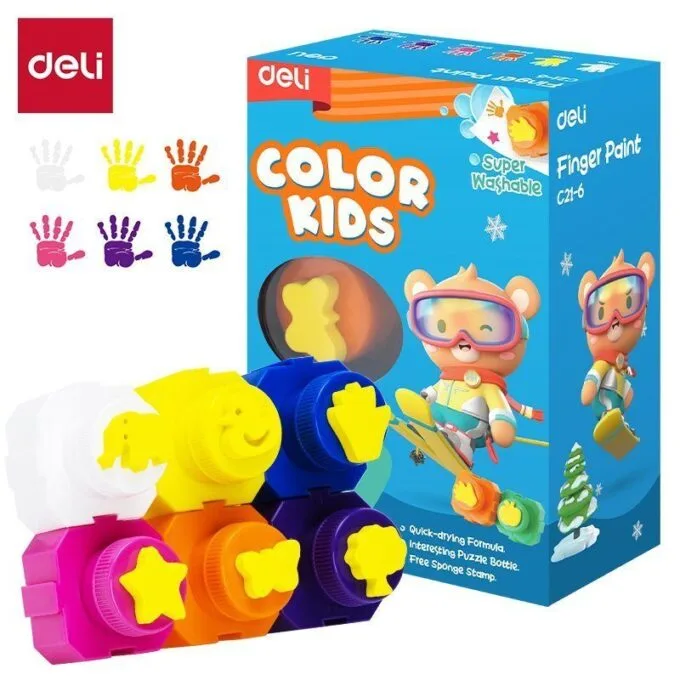 DELI FINGER PAINT 6 COLOURS 18ML WITH PUZZLE STAMP DESIGN — image 1