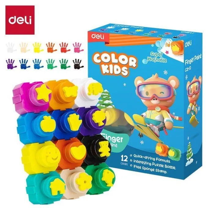 DELI FINGER PAINT 12 COLOURS 18ML WITH PUZZLE STAMP DESIGN — image 1