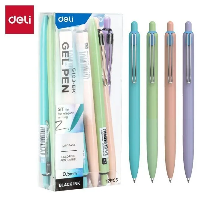 DELI GEL PEN RETRACTABLE 0.5MM BLUE-GREEN-ORANGE-PURPLE — image 1