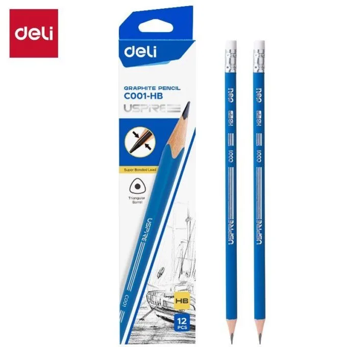DELI GRAPHITE PENCIL TRIANGULAR BARREL HB W/ERASER (BOX OF 12 PCS) — image 1