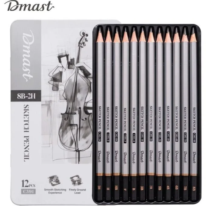 DELI DMAST SKETCHING PENCILS 12 PCS TIN SET (2H,H,F,HB,B,2B,3B,4B,6B,7B,8B) — image 1