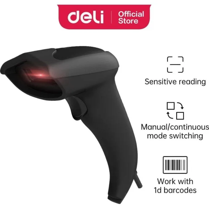 DELI HANDHELD WIRED BLACK BARCODE SCANNER - 1D CODE LASER SCANNING PRINCIPLE — image 1