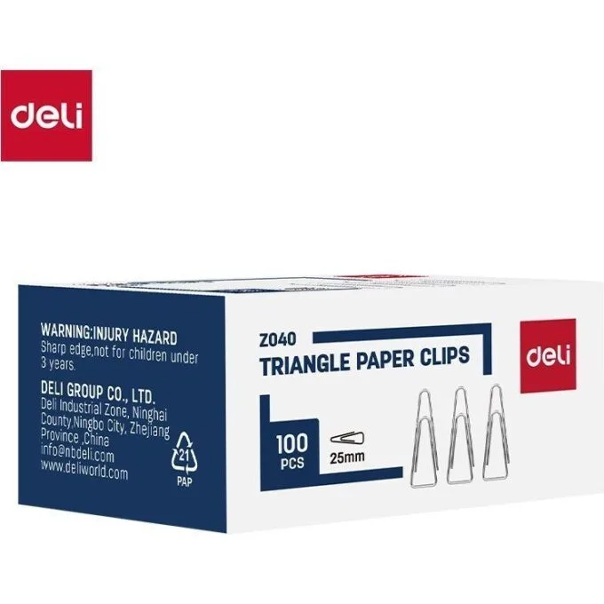 DELI PAPER CLIPS TRIANGULAR 25MM 100 PCS PER BOX — image 1