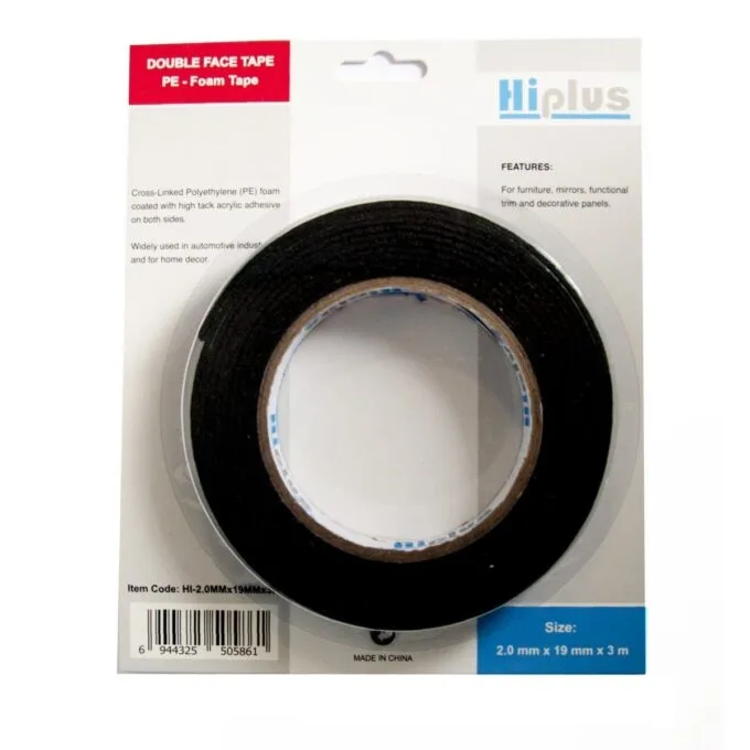 HIPLUS PE D/S FOAM TAPE 2.0MMX19MMX3M - BLACK FOAM & GREEN LINER — image 1