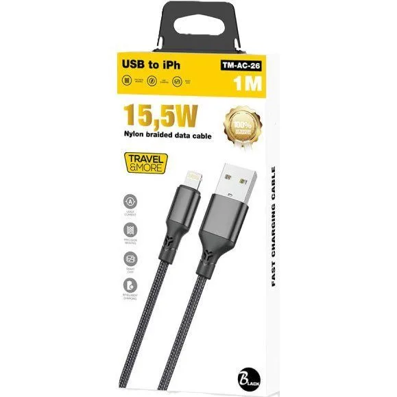 TRAVEL & MORE USB A CABLE TO LIGHTNING CABLE - 1M - BLACK 15.5W — image 1