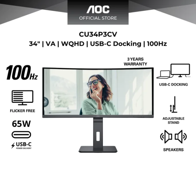 AOC CU34P3CV 34-inch Curved UWQHD VA Monitor – 3440x1440, 100Hz, 4ms, USB-C 65W Docking, USB Hub, RJ45, Speakers — image 5