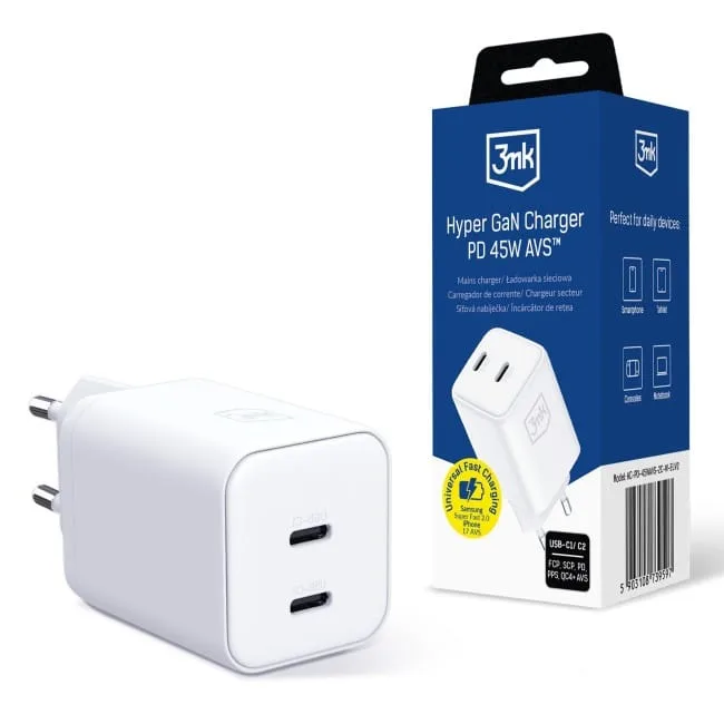 3mk Hyper Charger PD 45W GaN AVS QC4+ PPS AFC FCP DCP 2C White — image 1