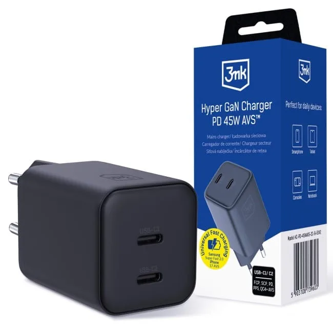 3mk Hyper Charger PD 45W GaN AVS QC4+ PPS AFC FCP DCP 2C Black — image 1