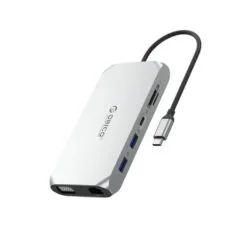 Orico USB-C 12w1 | 3x USB-A 3.1 | 1x USB-A 2.0 | USB-C PD 100W | 1x USB-C 3.1 | 1x HDMI 1.4 4K 30 Hz | 1x VGA | 1x microSD/SD 3.0 | 1x RJ45 Gigabit | 1x audio - srebrna