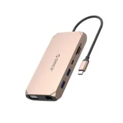 Orico USB-C 12w1 | 3x USB-A 3.1 | 1x USB-A 2.0 | USB-C PD 100W | 1x USB-C 3.1 | 1x HDMI 1.4 4K 30 Hz | 1x VGA | 1x microSD/SD 3.0 | 1x RJ45 Gigabit | 1x audio - różowo-złota