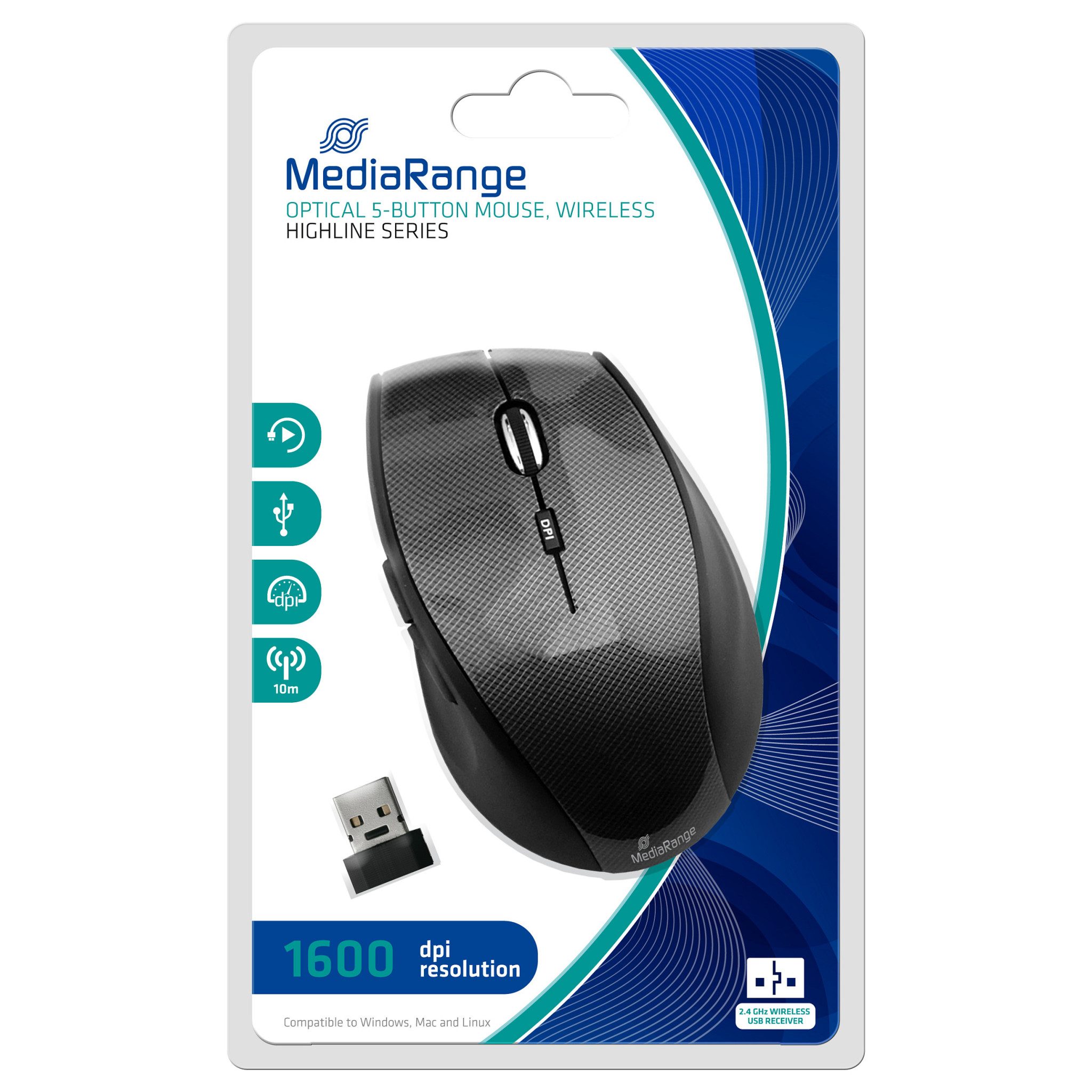 MediaRange MROS207 – Maus – optisch – 5 Tasten – kabellos – 2.4 GHz – kabelloser Empfänger (USB)