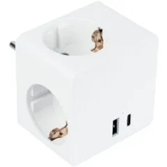 Steckdosenwürfel mit 3x Schutzkontakt-Buchse, USB-C (20W, PD 3.0) und USB-A Buchse (18W), weiß