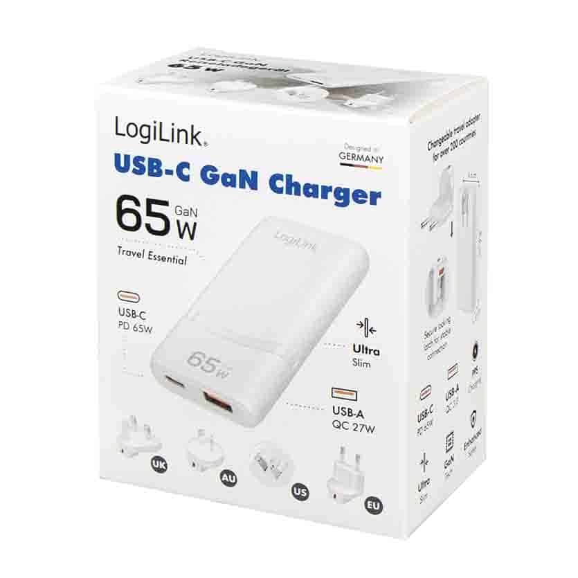 PA0376 USB Dual Gan Travel Charger, 65W 1xUSB-A (Qc), 1xUSB-C (Pd) White, Logilink