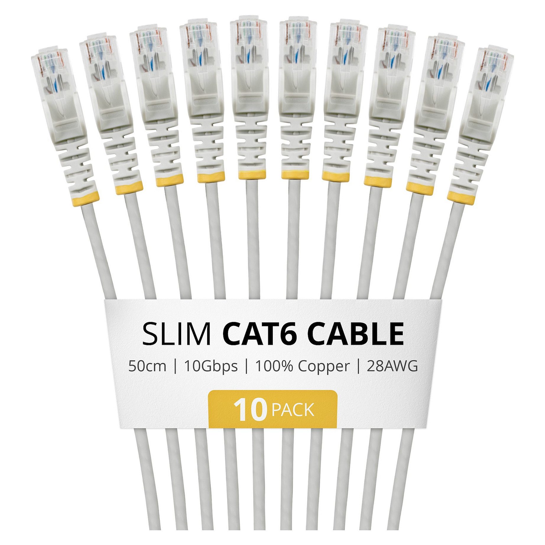 StarTech .COM 50cm Gray Slim CAT6 Cable 10 Pack Snagless 100W PoE UTP LSZH 28AWG Pure Bare Copper Wire Slim RJ45 Network Patch Cord