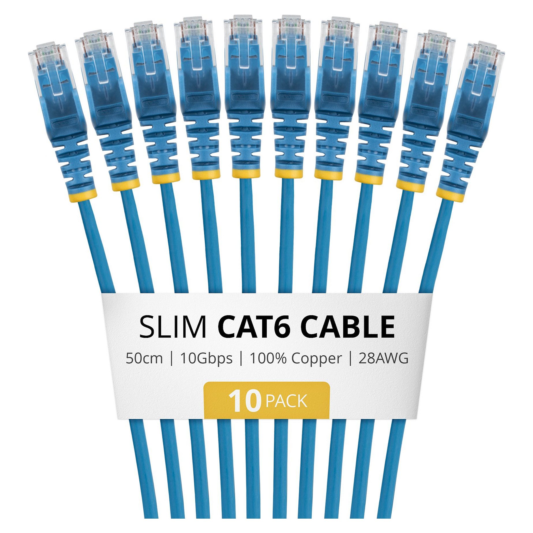 StarTech .COM 50cm Blue Slim CAT6 Cable 10 Pack Snagless 100W PoE UTP LSZH 28AWG Pure Bare Copper Wire Slim RJ45 Network Patch Cord