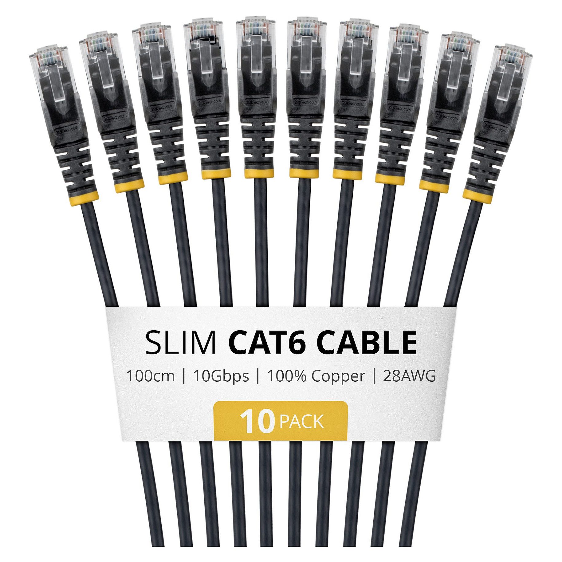 StarTech .COM 1m Black Slim CAT6 Cable 10 Pack Snagless 100W PoE UTP LSZH 28AWG Pure Bare Copper Wire Slim RJ45 Network Patch Cord