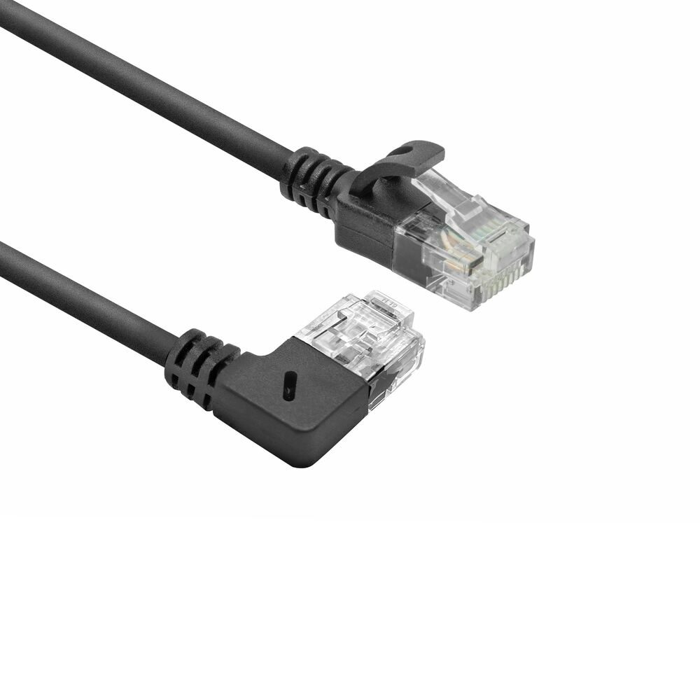 Act Black 0.25 meters U/UTP CAT6A LSZH Slimline patch cable with RJ45 connectors 90° angled right to straight